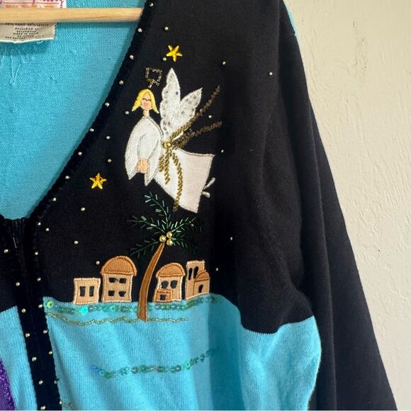Vtg Quacker Factory Christmas Cardigan Sweater XL Zip Nativity Novelty Jesus - Picture 4 of 9